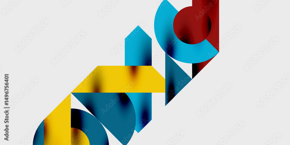 Poster abstract geometric shapes overlap, creating vibrant color blocks. yellow, red, blue hues dominate co