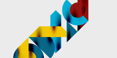 Abstract geometric shapes overlap, creating vibrant color blocks. Yellow, red, blue hues dominate composition. Minimalist design.