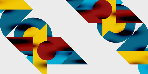 Abstract geometric shapes, vibrant colors, dynamic composition. Blue, red, yellow elements create modern visual impact.