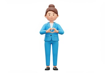 3D Illustration of Cartoon woman in blue suit making heart shape isolated on white background