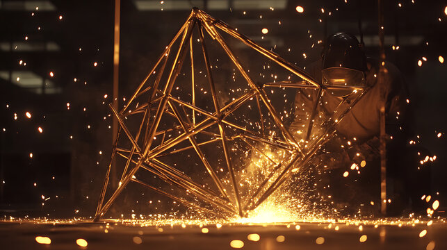Welder Creating a Geometric Metal Structure with Sparks
