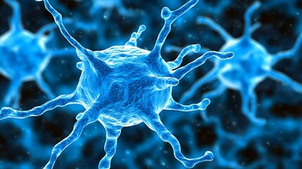 3D Illustration of Blue Neuron Cells, Digital Brain Cells Visualization, Scientific Concept of Neural Network  
