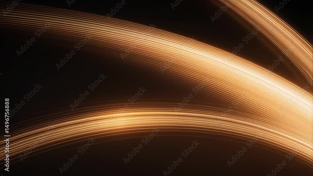 Poster abstract background with flowing golden light lines, dynamic movement on dark space, curved and para