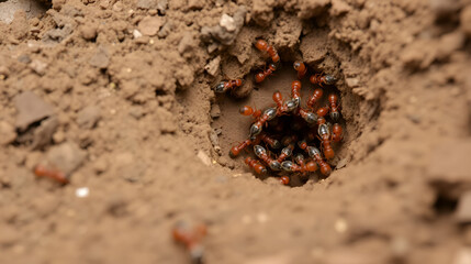 Ants working together to build an intricate nest in the soil, their tiny bodies moving in unison to create a complex structure in the earth.