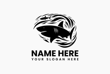 Aggressive angular shark vector design surrounded by explosive water elements and bubble trails. Aquatic predator symbol  