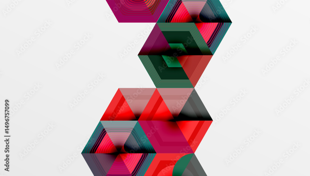 Poster abstract geometric composition. stacked cubes create optical illusion, vibrant colors dominate desig