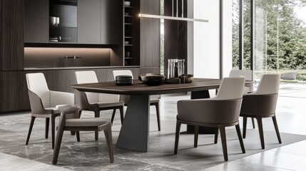 Dining table with chairs in modern kitchen