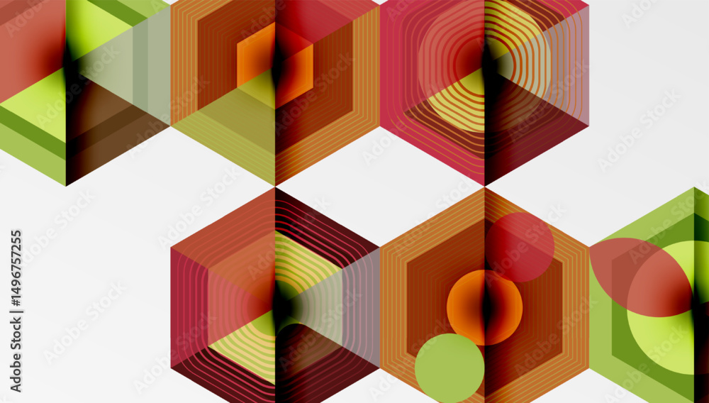 Aufkleber geometric hexagons create optical illusion. warm colors dominate design, offering modern aesthetic. 