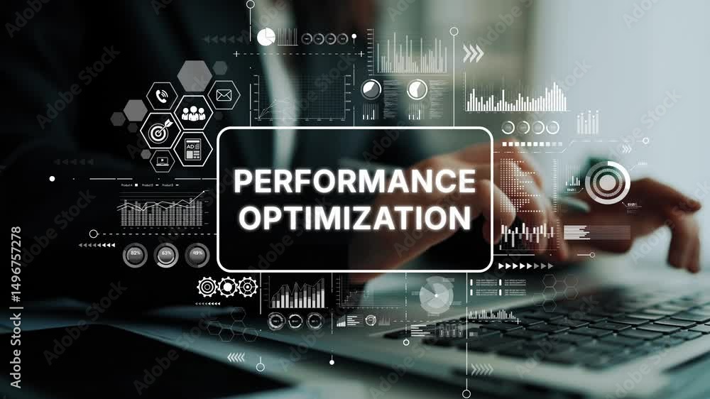 Poster Businessman Analyzing Data with Performance Optimization Theme and Digital Elements on Laptop Screen. Asymptotic smart data analytic.
