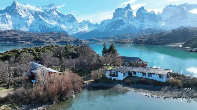 Patagonia Landscape In Torres Del Paine Punta Arenas Chile. Birds Eye View Of Stunning Dark River And Forest Trees. Snowing Lake Glacial Frozen. Glacial. Torres Del Paine Punta Arenas.