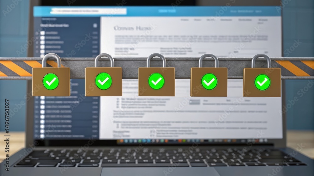 Poster a laptop screen displaying content with a security theme, featuring padlocks and checkmarks, symboli
