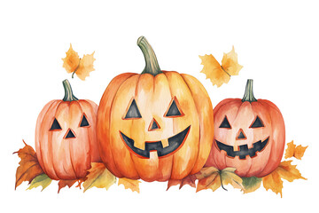 Three cheerful Halloween pumpkins surrounded by autumn leaves on a white background