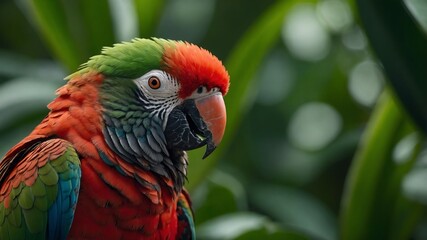 Obraz premium A realistic photo of a Red Fan Parrot in the Amazon basin, with feathers slightly flared.