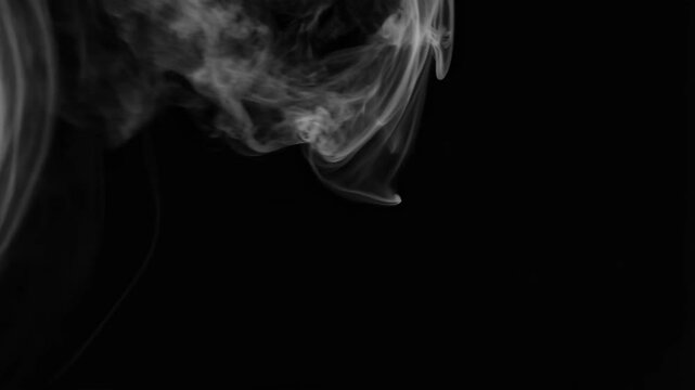 White wispy smoke plumes swirling and dissipating against a stark black background, creating a dramatic abstract effect
