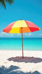 A vibrant beach umbrella provides shade on a sunny day, casting a cool shadow on the white sand  Perfect for vacation, relaxation, and summer getaways  Enjoy the tranquil scene , coast, drink