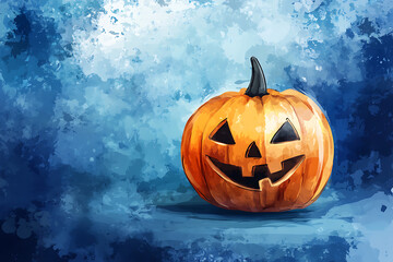 A vibrant Halloween pumpkin with a spooky face set against a blue abstract background