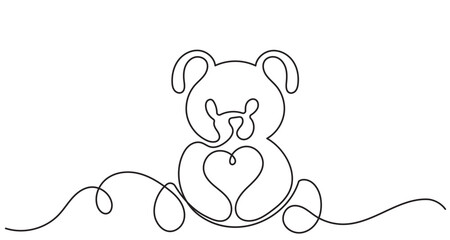 Continuous line drawing of a cute teddy bear.Soft toy in a simple, single linear style.Concept of bear, toy, doll, gift, valentine, birthday, romance, relationship, and love.vector illustration.