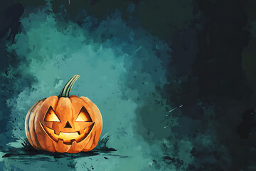 A glowing jack-o'-lantern sits on grass against a dark, misty background, evoking Halloween spirit