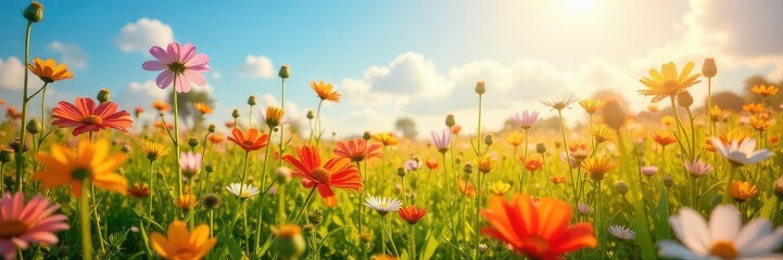 Obraz premium A vibrant, sun-drenched field of wildflowers swaying freely in the breeze, embodying uninhibited joy and passionate energy , serenity, floral