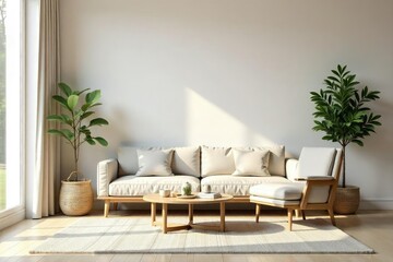 Clean, minimalist interior scene featuring simple furniture and neutral colors A perfect backdrop for design projects or lifestyle imagery Focus on simple lines and textures , render, spacious