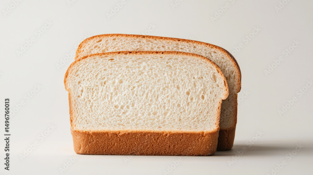 Poster two slices of fresh white bread are stacked against plain background, showcasing their soft texture 