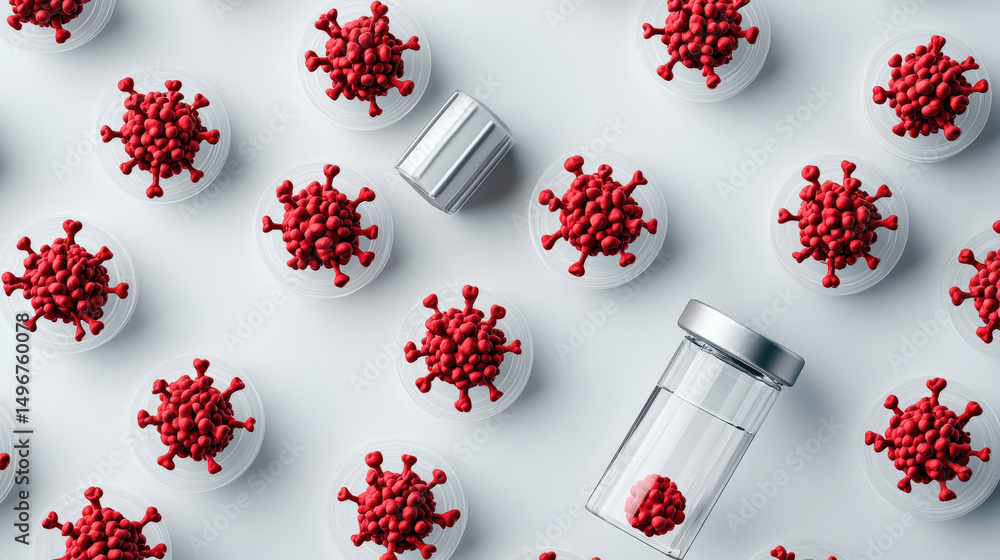 Leinwandbilder vaccine research is depicted with red virus models and vials, symbolizing innovation and challenges 
