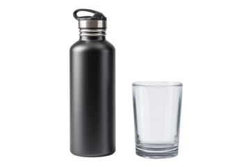 Reusable water bottle and empty glass, eco-friendly hydration concept