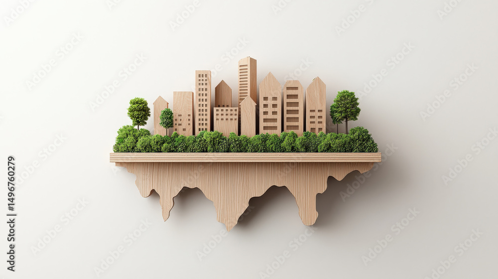 Poster wooden cityscape model with trees and buildings creatively represents urban planning and sustainable