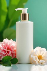 Close-up of luxurious lotion bottle with fresh flowers and green leaves, reflecting a pampered and healthy lifestyle ,  lotion,  green,  premium