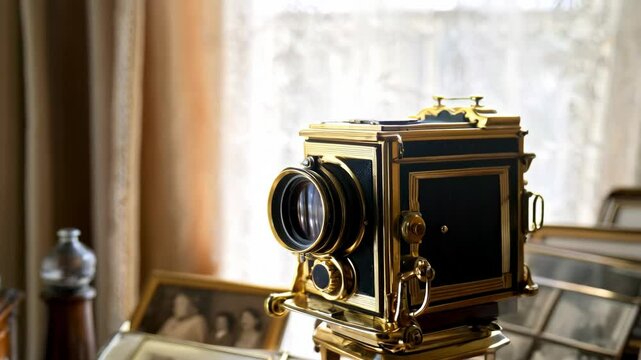 Elegant antique large format box camera with ornate brass trim on a wooden stand in soft window light.