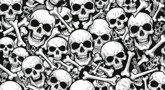 Skulls and bones background illustration, monochrome