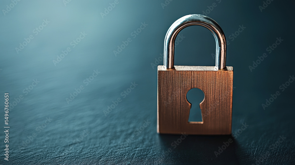 Poster close up of metallic padlock on dark surface symbolizes security and protection, highlighting import
