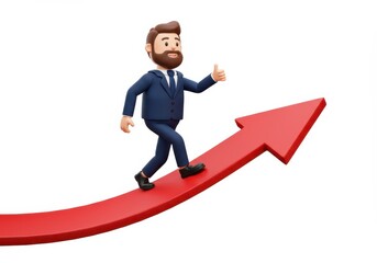 3D Illustration of Cartoon businessman walking on red arrow isolated on white background