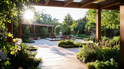 Obraz premium Tranquil garden at sunset featuring vibrant flowers and peaceful pathways