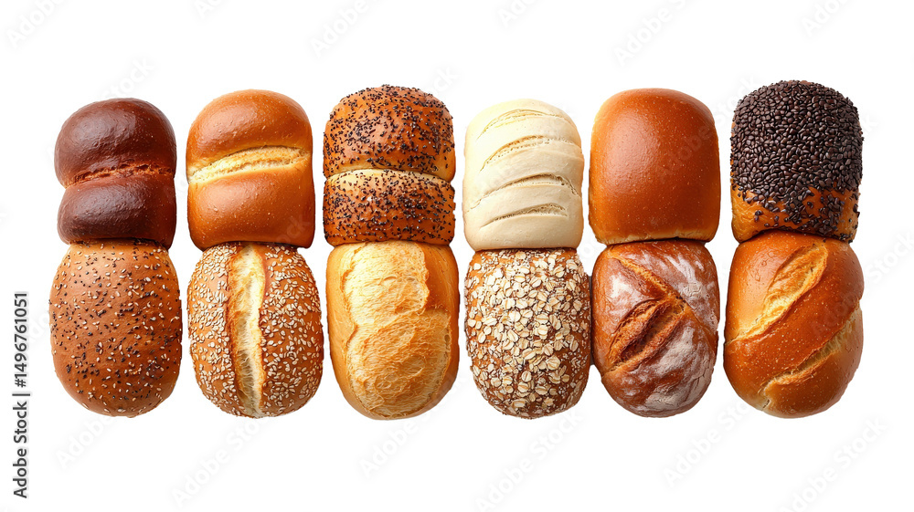 Aufkleber variety of freshly baked bread rolls are arranged in row, showcasing different textures and toppings