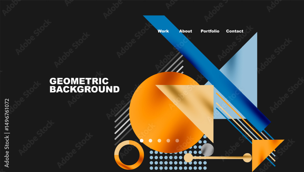 Poster Abstract geometric design. Orange circle overlaps blue shapes. White text indicates website navigation options. Modern, minimalist aesthetic.