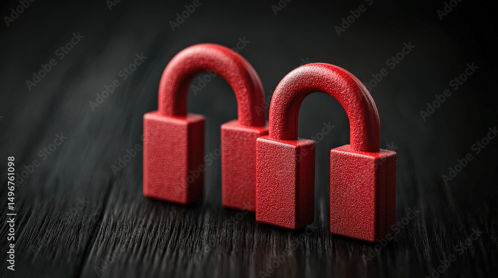 Aufkleber Two red padlocks stand upright on dark wooden surface, symbolizing security and protection. contrasting colors highlight importance of safeguarding information and assets