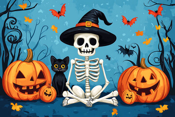 Halloween-themed illustration featuring a skeleton in a witch hat with pumpkins and a black cat (2)