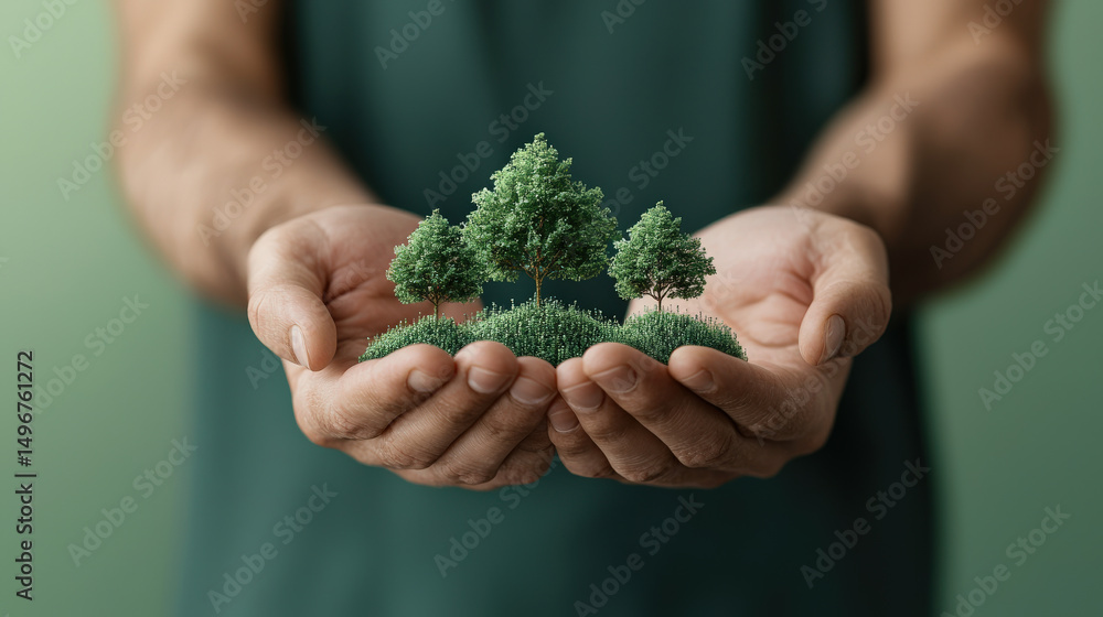 Aufkleber person gently holds small patch of earth with miniature trees, symbolizing environmental care and su