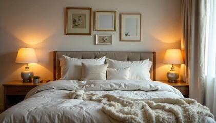 Cozy bedroom, soft lighting, plush bedding, inviting atmosphere, perfect for relaxation and peaceful sleep  Ideal for home decor, interior design, and lifestyle blogs ,  mommy,  bedding,  comforter