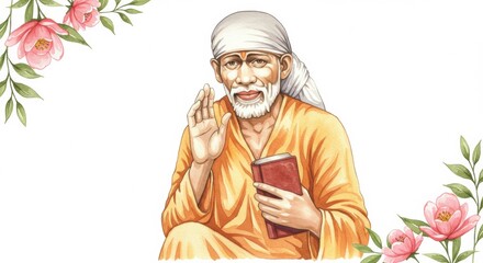 Fototapeta premium Inspirational Elderly Spiritual Teacher with Hand Gesture and Sacred Texts