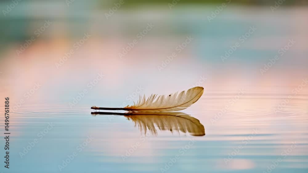 Poster floating feather reflecting on a calm water surface with gentle ripples in the soft, diffused light 