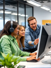 Call center supervisor providing support and guidance to intern, addressing questions. Customer support office onboarding specialist conducting orientation sessions for new agent using PC