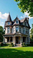 Fototapeta premium Elegant Victorian home with ornate detailing, large windows, and a lush green lawn Perfect for real estate, historical architecture, or home design projects , grand, Victorian