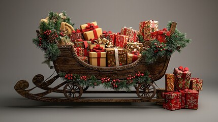 Rustic Wooden Christmas Sleigh Overflowing with Beautifully Wrapped Gifts, Festive Holiday Season Decorations, Winter Wonderland Scene, 3D Rendered Image for Christmas Cards, Website Banners, and