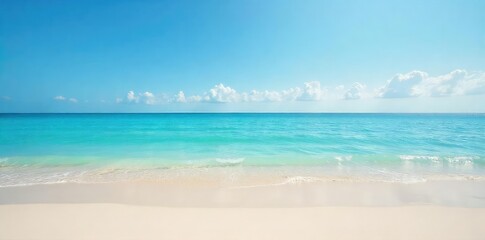 Fototapeta premium Endless horizon of a pristine sandy beach, stretching far into the calm ocean under a clear sky Perfect for travel, vacation, and serenity themes , tranquil, sand