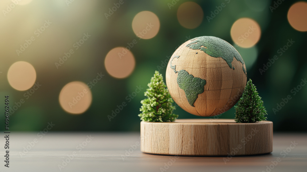 Poster wooden globe with textured surface is displayed on wooden base, flanked by two small model trees, sy