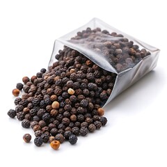 Black peppercorns spilling out of a clear plastic bag isolated on white background
