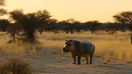 Hippo sunset African savanna.