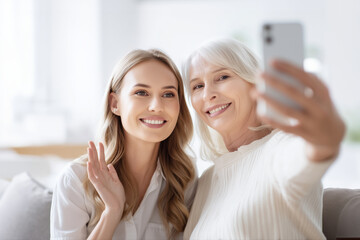Joyful senior woman and young adult granddaughter bonding and taking selfies on a smartphone at home in bright natural light. Generative by AI
